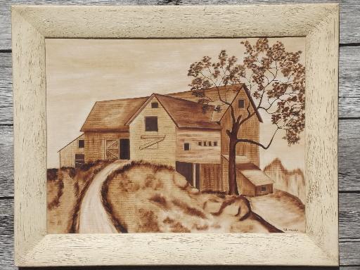 photo of primitive vintage sepia tone paintings, WPA era midwest farm barns #7