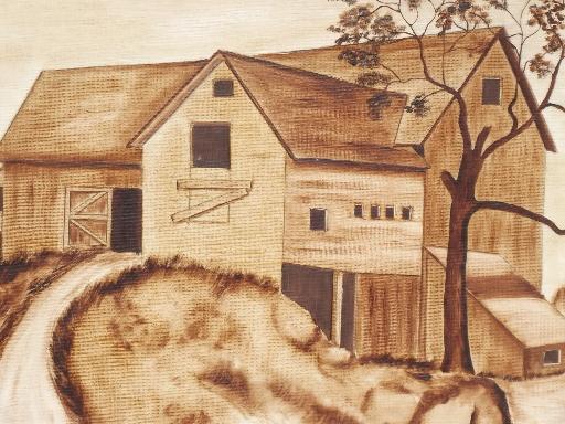 photo of primitive vintage sepia tone paintings, WPA era midwest farm barns #8