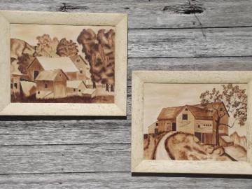 catalog photo of primitive vintage sepia tone paintings, WPA era midwest farm barns