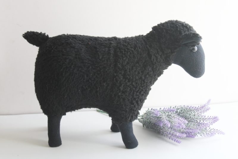 photo of primitive vintage standing sheep, black sheep toy stuffed animal w/ button eyes #1