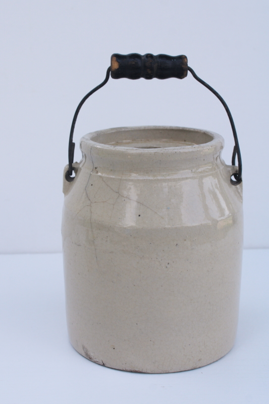 photo of primitive vintage stoneware crock jar with wire bail wood handle, old antique pottery  #1