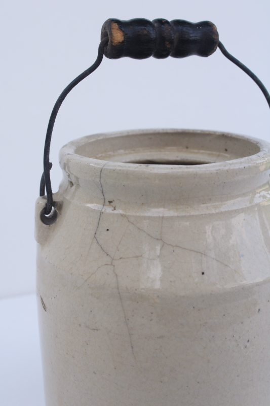 photo of primitive vintage stoneware crock jar with wire bail wood handle, old antique pottery  #2