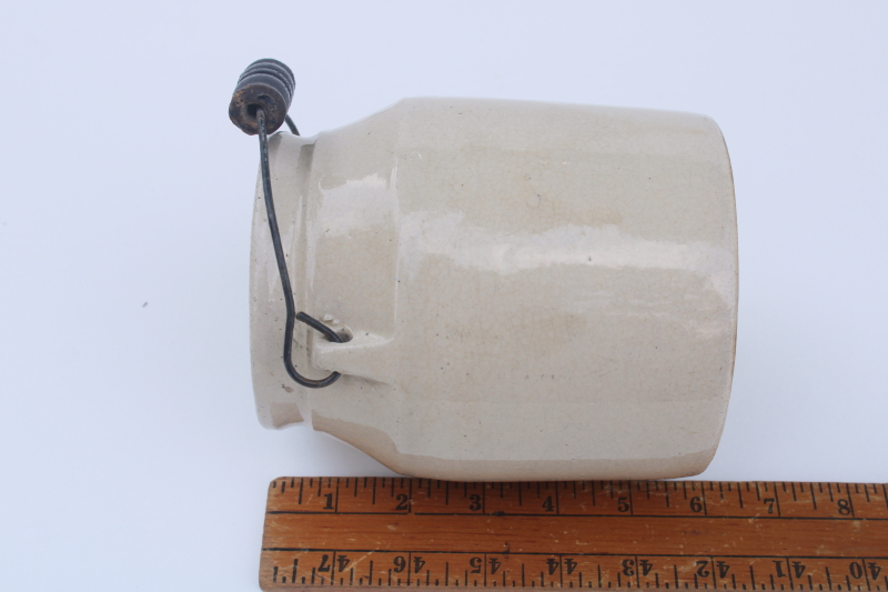 photo of primitive vintage stoneware crock jar with wire bail wood handle, old antique pottery  #6