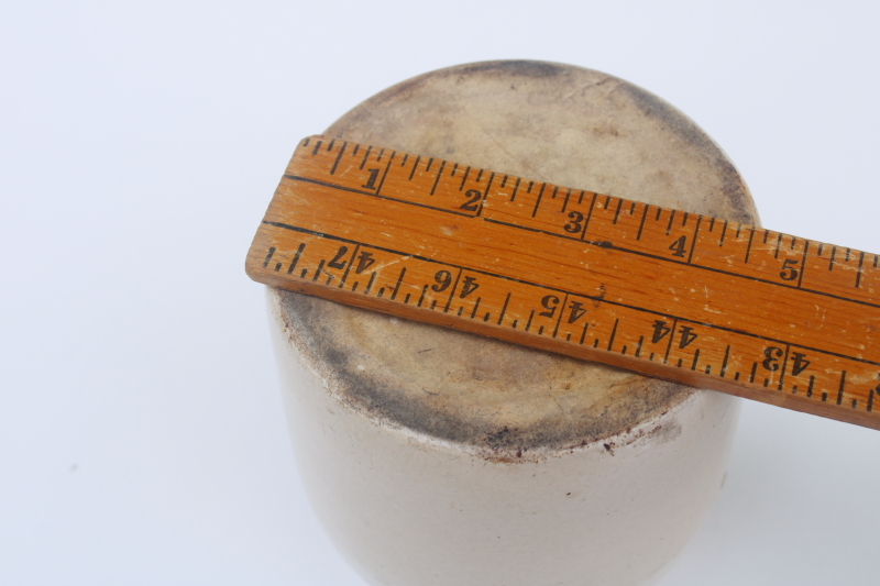 photo of primitive vintage stoneware crock jar with wire bail wood handle, old antique pottery  #8