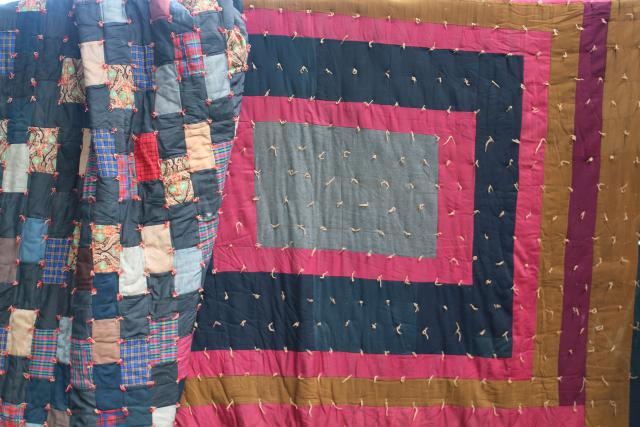 photo of primitive vintage tied quilts, antique wool fabric cotton plaid shirting scrap patchwork #1