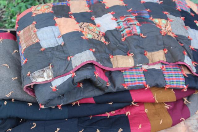 photo of primitive vintage tied quilts, antique wool fabric cotton plaid shirting scrap patchwork #9