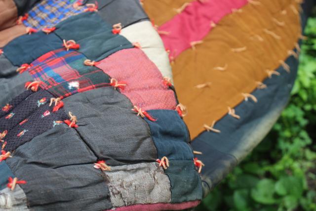 photo of primitive vintage tied quilts, antique wool fabric cotton plaid shirting scrap patchwork #11