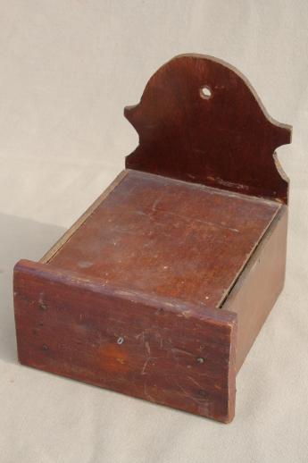 photo of primitive vintage wall hanger candle shelf, salt box style w/ spice drawer for matches #1