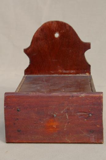 photo of primitive vintage wall hanger candle shelf, salt box style w/ spice drawer for matches #4