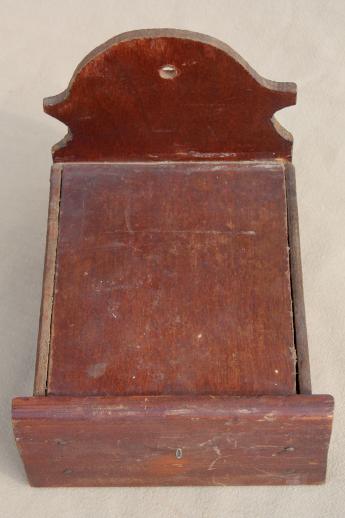 photo of primitive vintage wall hanger candle shelf, salt box style w/ spice drawer for matches #6