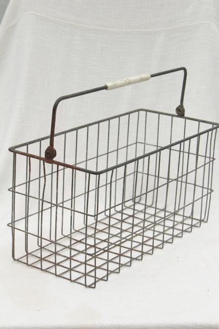 photo of primitive vintage wire basket milk bottle carrier, rustic industrial storage or tote #1