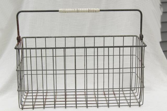 photo of primitive vintage wire basket milk bottle carrier, rustic industrial storage or tote #3