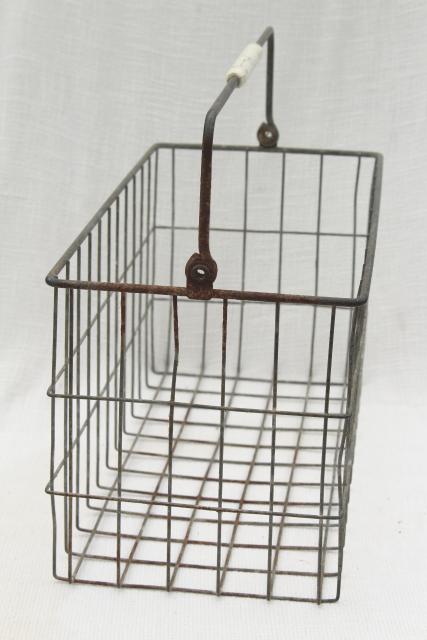 photo of primitive vintage wire basket milk bottle carrier, rustic industrial storage or tote #4