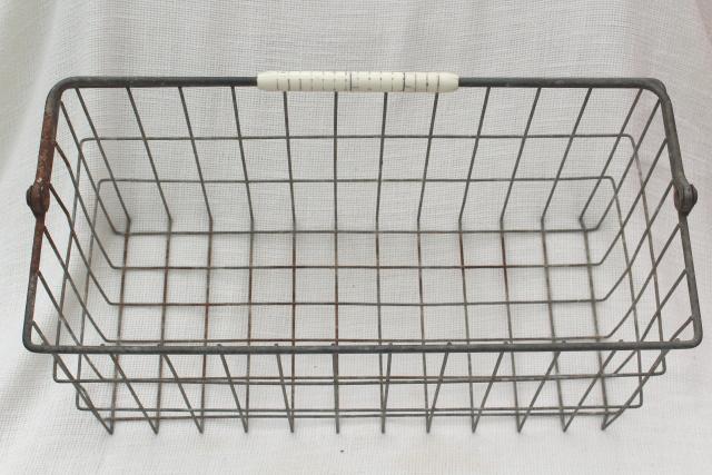 photo of primitive vintage wire basket milk bottle carrier, rustic industrial storage or tote #7