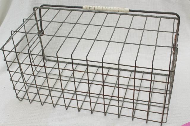 photo of primitive vintage wire basket milk bottle carrier, rustic industrial storage or tote #10