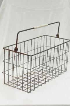 catalog photo of primitive vintage wire basket milk bottle carrier, rustic industrial storage or tote