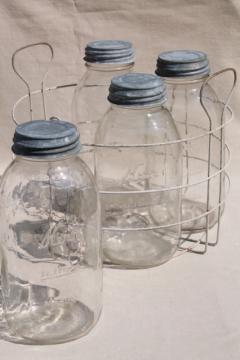 catalog photo of primitive vintage wire jar rack, canner carrier basket w/ big old 2 qt canning jars