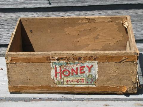 photo of primitive vintage wood box and old glass barrel jars, antique honey label #2