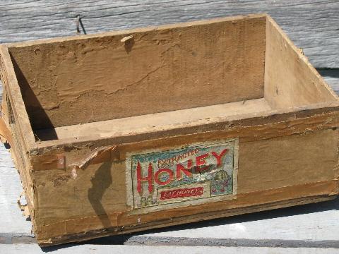 photo of primitive vintage wood box and old glass barrel jars, antique honey label #4