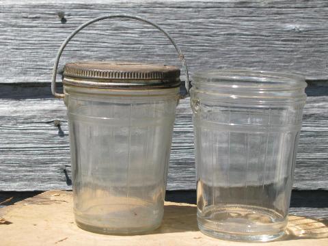 photo of primitive vintage wood box and old glass barrel jars, antique honey label #6