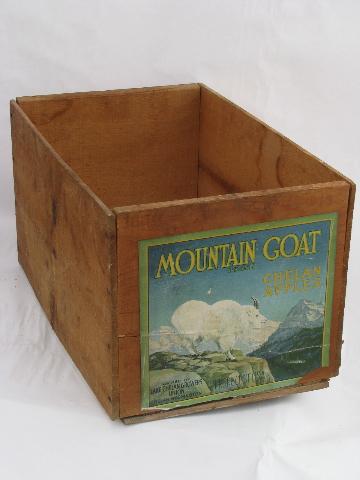 photo of primitive vintage wood box w/ original old paper fruit crate label, Mt. Goat apples #1