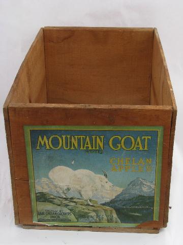 photo of primitive vintage wood box w/ original old paper fruit crate label, Mt. Goat apples #4