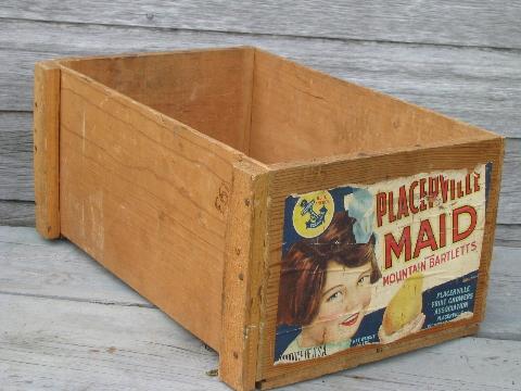 photo of primitive vintage wood box, original old paper fruit crate label Placerville Maid #1