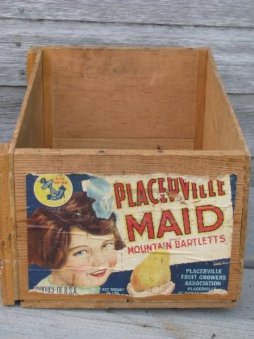 photo of primitive vintage wood box, original old paper fruit crate label Placerville Maid #2