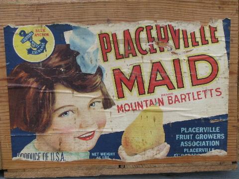 photo of primitive vintage wood box, original old paper fruit crate label Placerville Maid #3