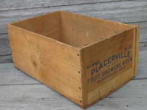 photo of primitive vintage wood box, original old paper fruit crate label Placerville Maid #5