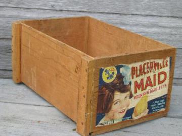 catalog photo of primitive vintage wood box, original old paper fruit crate label Placerville Maid