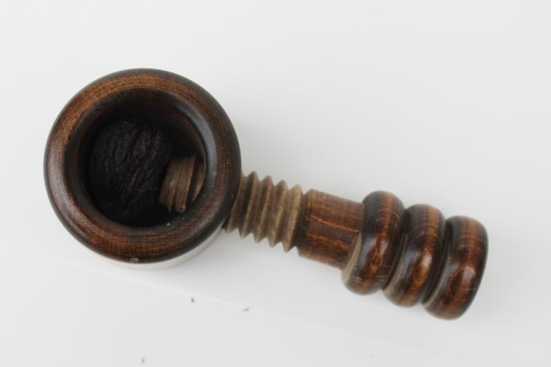 photo of primitive vintage wood nutcracker, carved wood screw type nut cracker #6