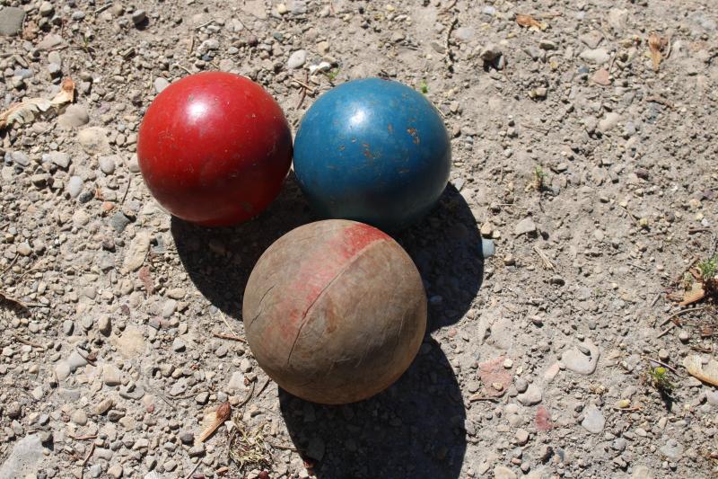 photo of primitive vintage wooden croquet balls, natural wood and worn red & blue paint #1