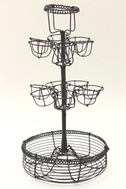 photo of primitive wire basket egg holder, tall stand rack w/ bowl for kitchen table or counter #1