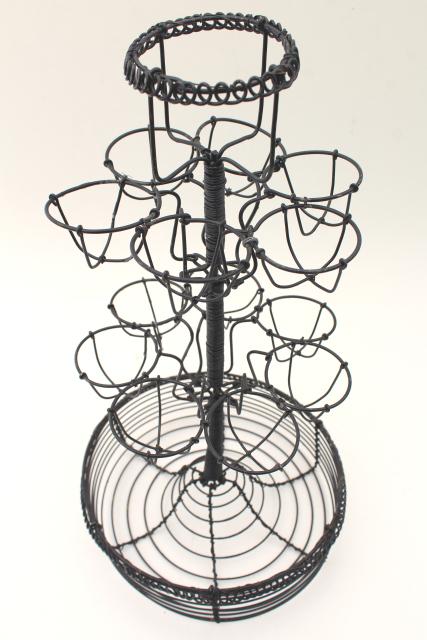 photo of primitive wire basket egg holder, tall stand rack w/ bowl for kitchen table or counter #3