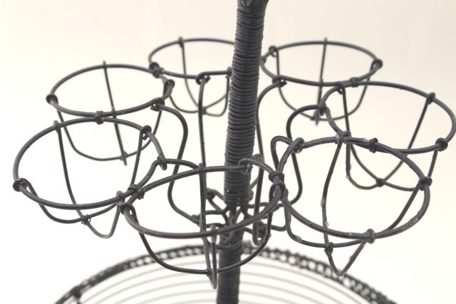 photo of primitive wire basket egg holder, tall stand rack w/ bowl for kitchen table or counter #9