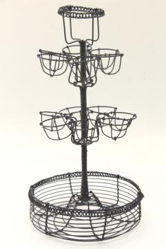 catalog photo of primitive wire basket egg holder, tall stand rack w/ bowl for kitchen table or counter