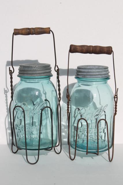 photo of primitive wire rack jar carriers w/ wooden handles, old blue glass Ball Mason jars #1