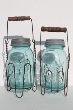 catalog photo of primitive wire rack jar carriers w/ wooden handles, old blue glass Ball Mason jars