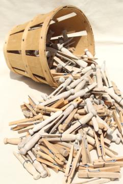 catalog photo of primitive wood fruit basket full of old wood clothespins