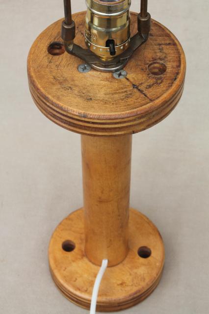 photo of primitive wood spool lamp base, large vintage wooden spool for rope or yarn #8