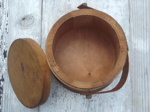 photo of primitive wood sugar bucket, vintage wooden firkin pail w/ handle & lid #5