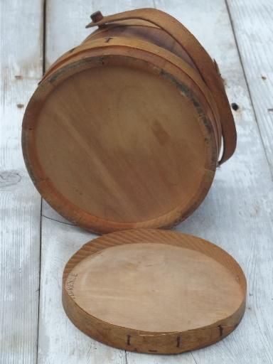 photo of primitive wood sugar bucket, vintage wooden firkin pail w/ handle & lid #6