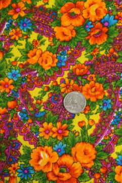 catalog photo of psychedelic colors 60s vintage paisley floral print fabric, crepe textured cotton or blend