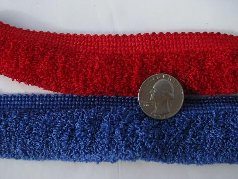 photo of puffy rayon fringe bullion upholstery braid or lampshade trim, red & royal blue #1