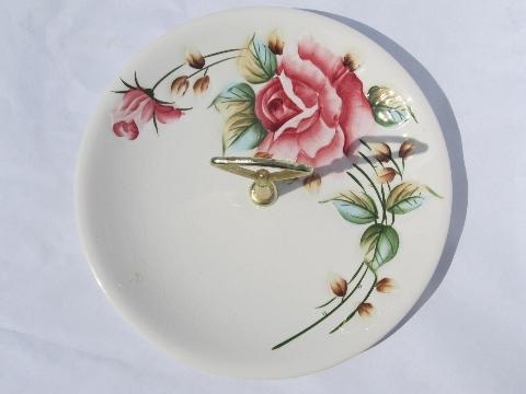 photo of puffy rose pink floral sandwich plate w/ handle, vintage Lefton china #2