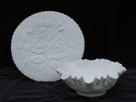 photo of puffy roses white satin glass vintage Fenton ruffled bowl, embossed plate #1