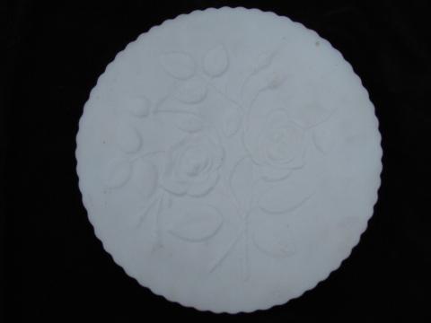 photo of puffy roses white satin glass vintage Fenton ruffled bowl, embossed plate #2