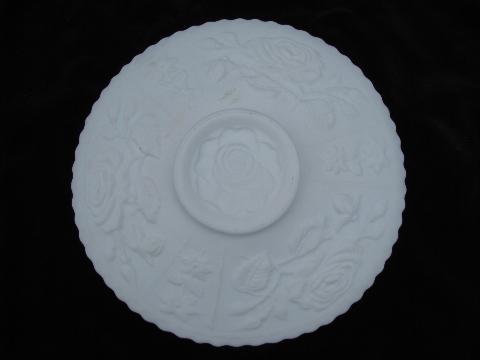 photo of puffy roses white satin glass vintage Fenton ruffled bowl, embossed plate #3