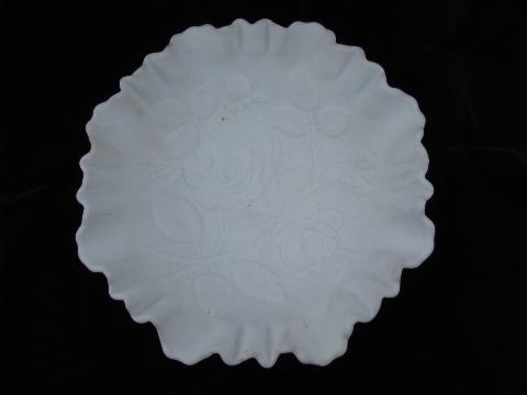 photo of puffy roses white satin glass vintage Fenton ruffled bowl, embossed plate #5